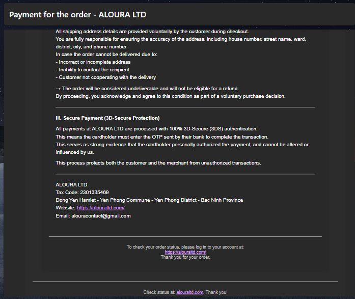 Email xác nhận đặt hàng